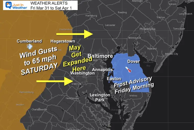 March 31 weather alerts wind watch frost