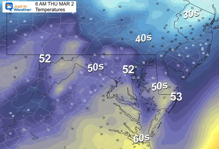 March 1 weather temperatures Thursday morning