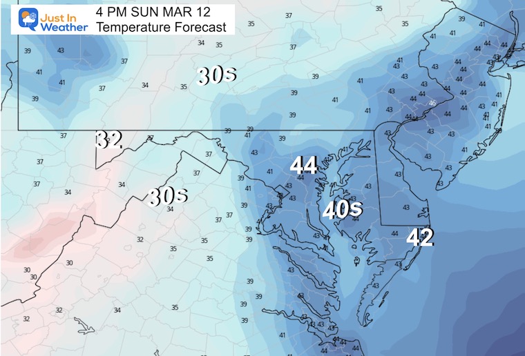 march 11 weather temperatures Sunday afternoon