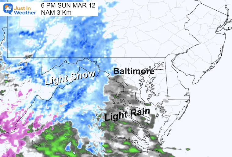 March 12 weather radar snow Sunday evening