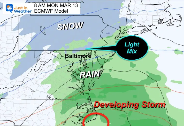 March 12 weather snow simulation Monday morning Mid Atlantc