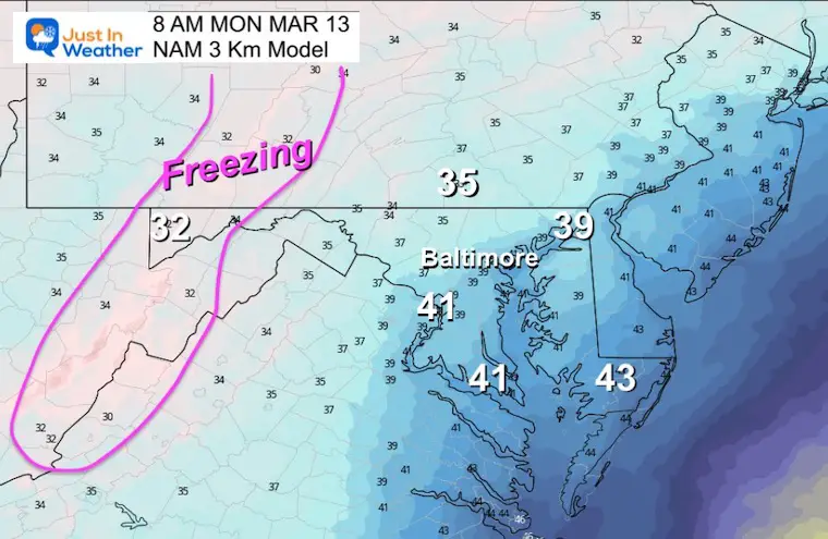 March 12 weather temperatures Monday morning