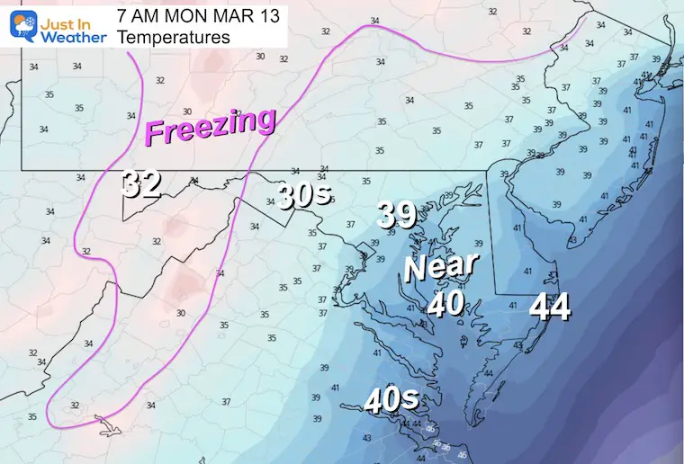 March 12 weather temperatures Monday morning