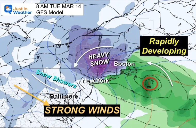 March 13 weather Tuesday morning map GFS