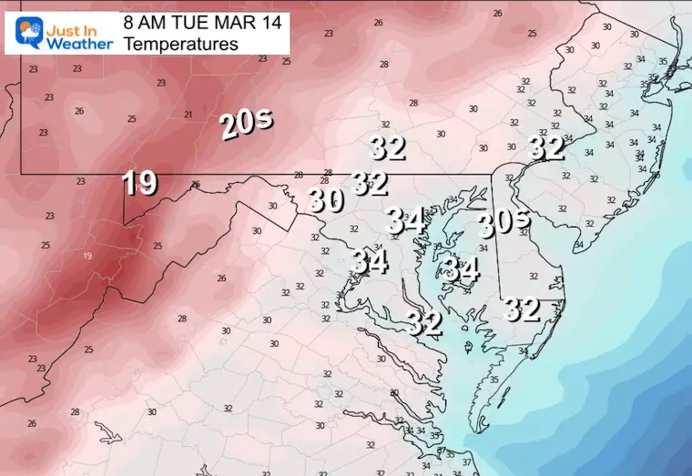 March 13 weather temperatures Tuesday morning