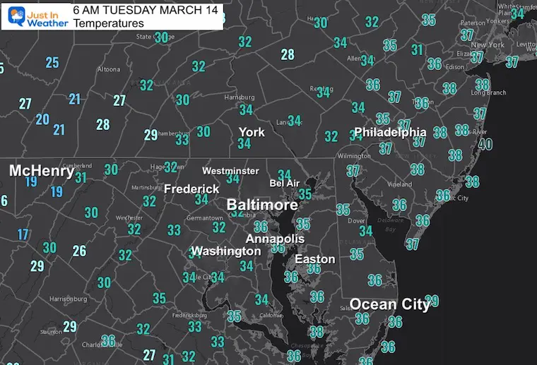 March 14 weather temperatures Tuesday morning