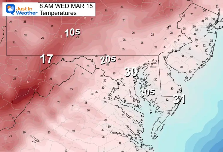 March 14 weather temperatures Wednesday morning