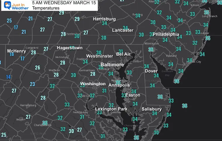 March 15 weather temperatures Wednesday morning
