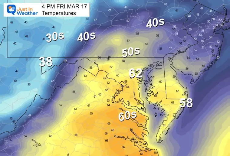 March 16 weather temperatures Friday afternoon