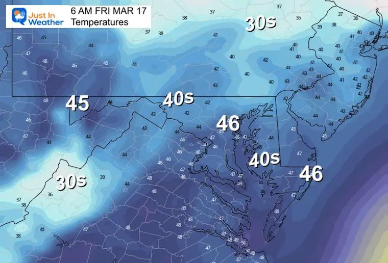 March 16 weather temperatures Friday morning