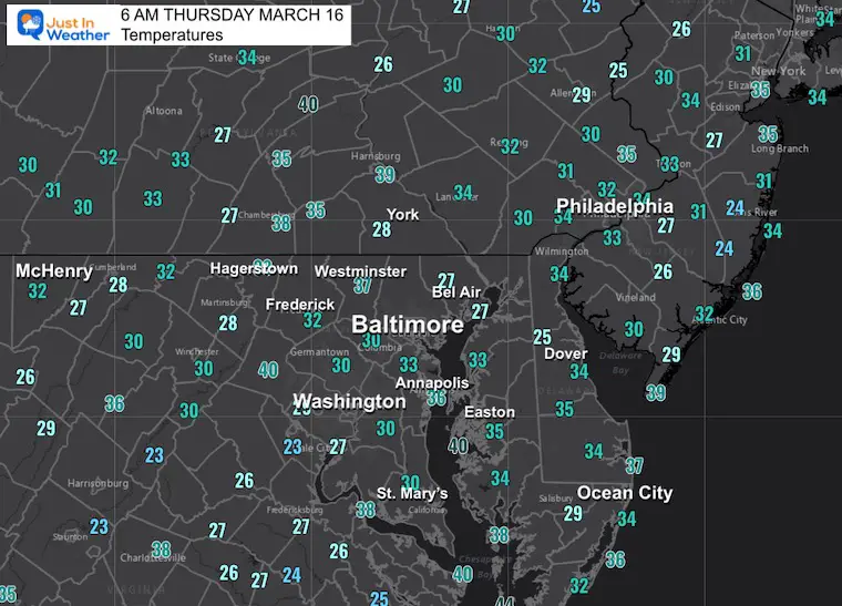 March 16 weather temperatures Thursday morning