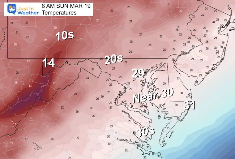 March 18 weather forecast temperatures Sunday morning