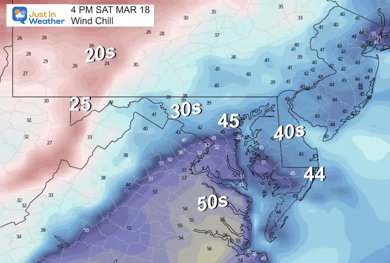 March 18 weather forecast temperatures wind chill Sunday afternoon