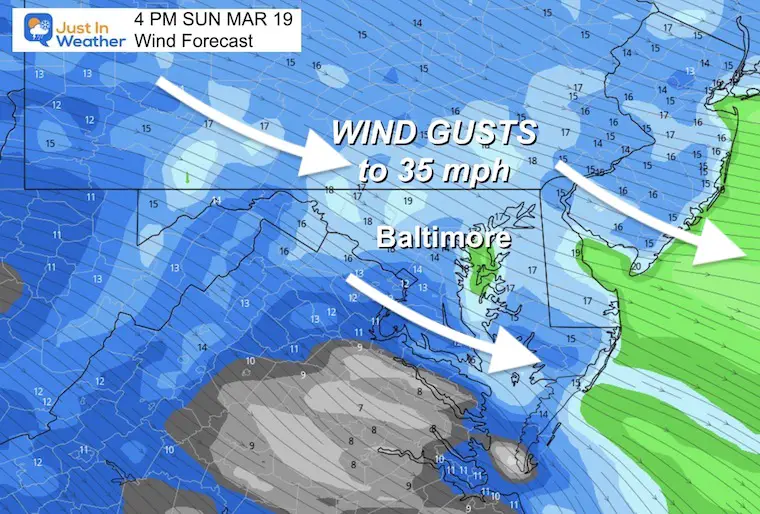 March 18 weather forecast wind Sunday afternoon