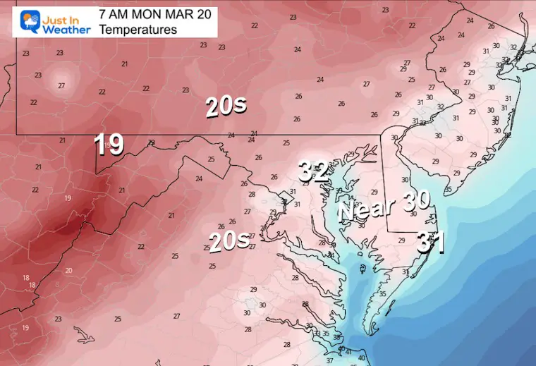 March 19 weather temperatures Monday morning