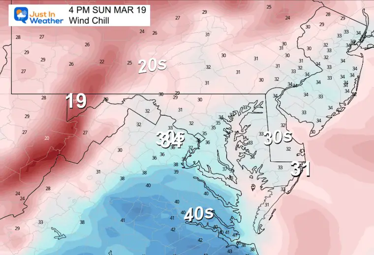 March 19 weather temperatures wind chill Sunday afternoon