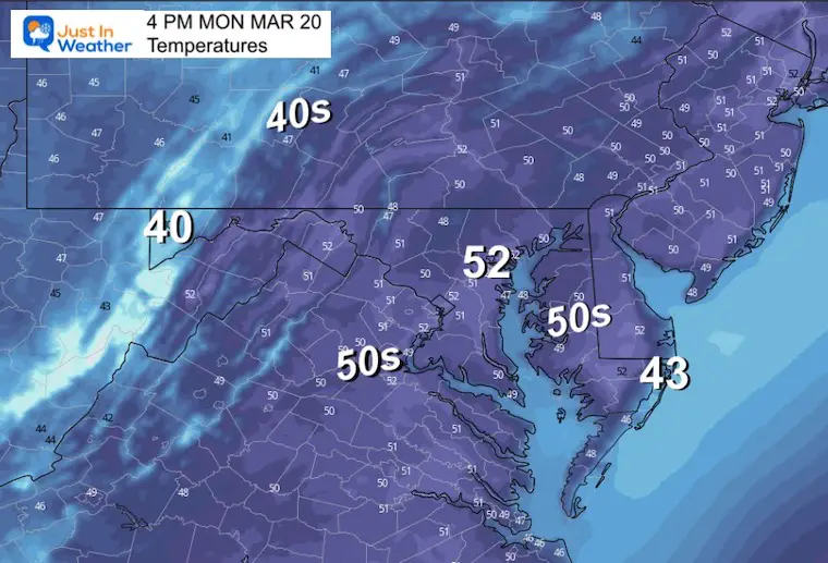 March 20 weather temperatures Monday afternoon spring