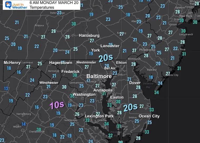 March 20 weather temperatures monday morning