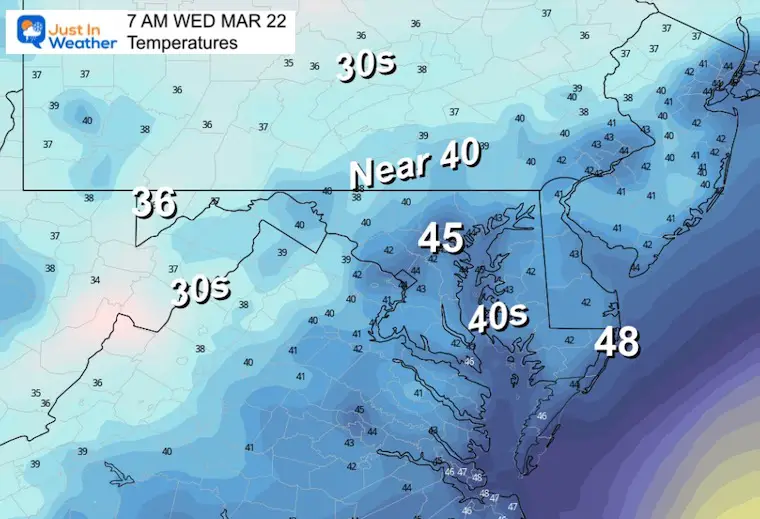 March 21 weather temperatures Wednesday morning