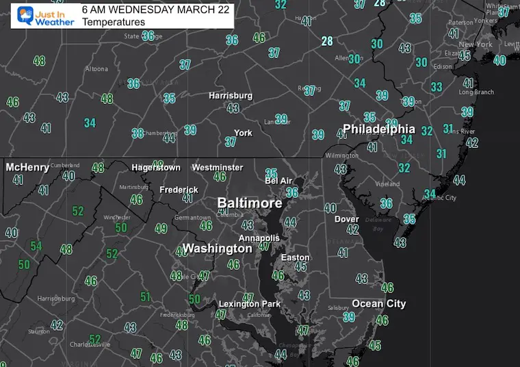 March 22 weather temperatures Wednesday morning