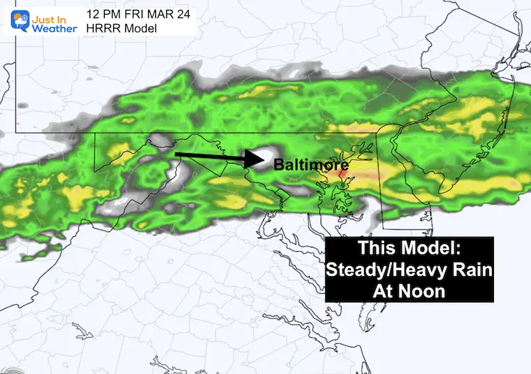 March 24 weather rain radar noon Friday HRRR