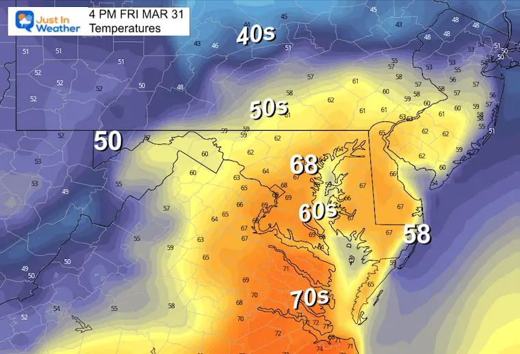 March 31 weather temperatures Friday afternoon