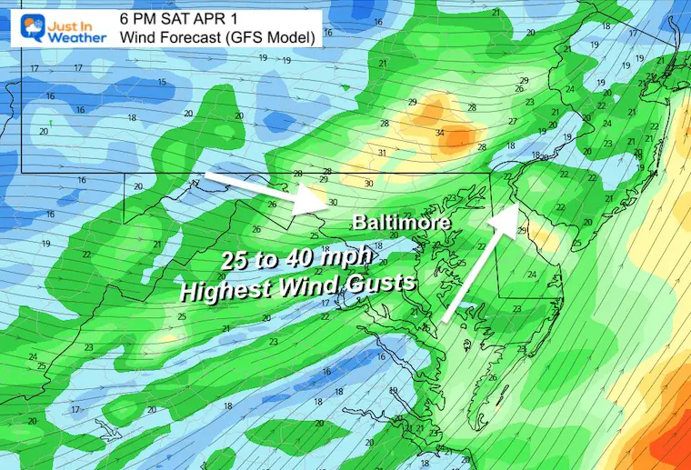 March 31 wind forecast Saturday evening