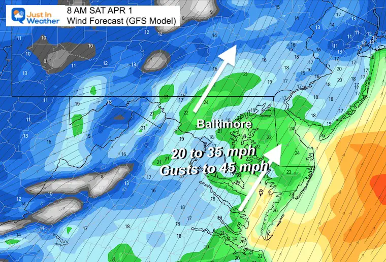 March 31 wind forecast Saturday morning