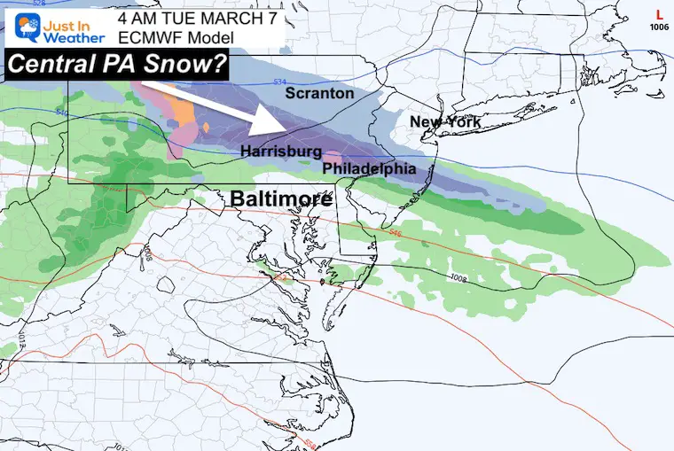 March 4 weather snow Tuesday ECMWF