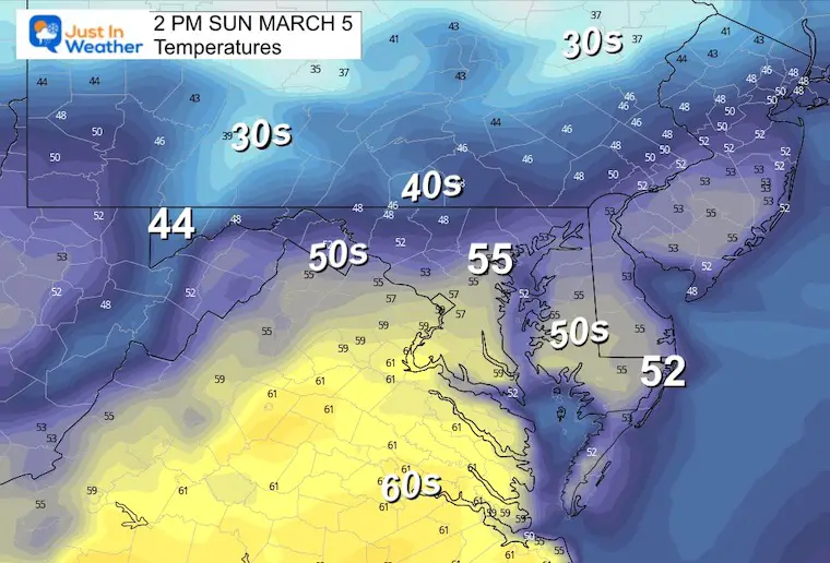 March 4 weather temperatures Sunday afternoon