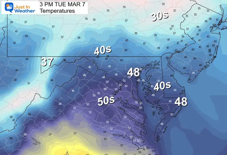 March 6 weather temperatures Tuesday afternoon