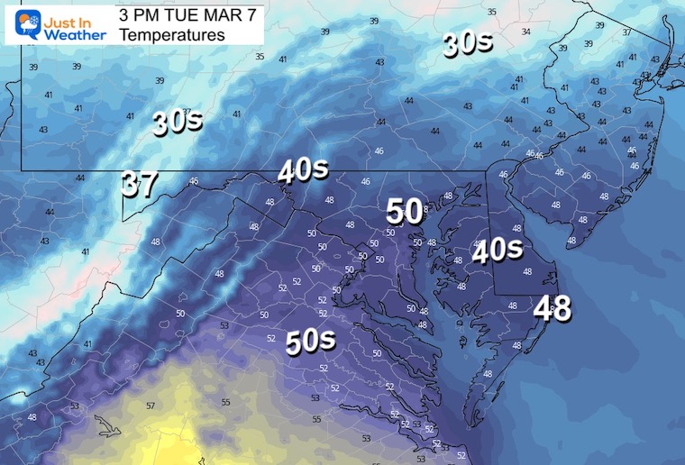 March 7 weather temperatures Tuesday afternoon