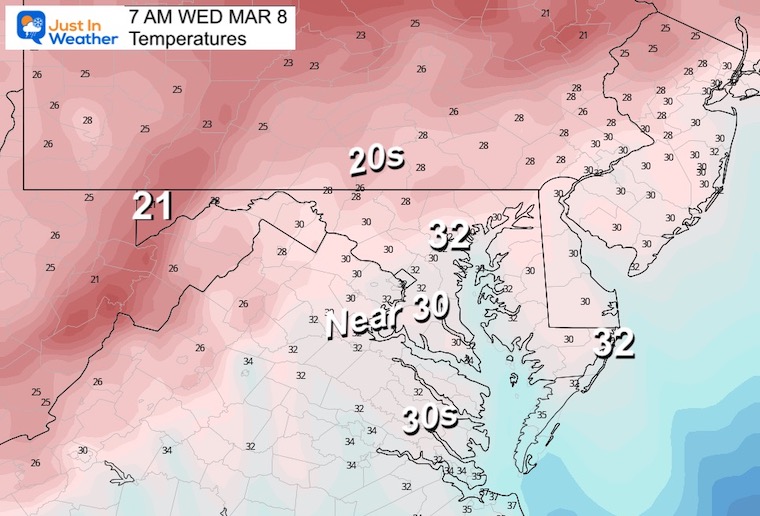 March 7 weather temperatures Wednesday morning