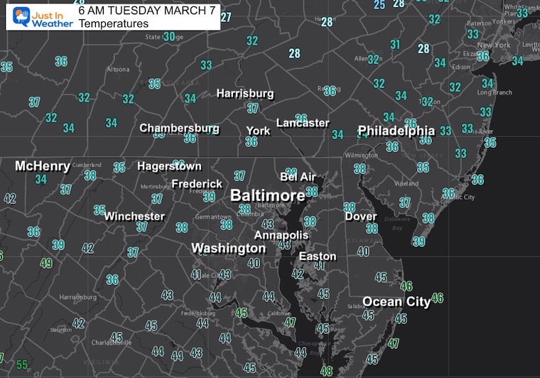 March 7 weather temperatures Tuesday morning