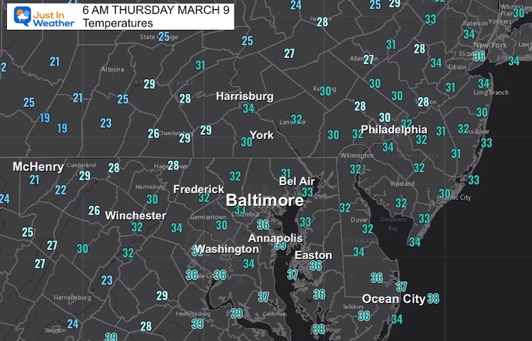 March 9 weather temperatures Thursday morning