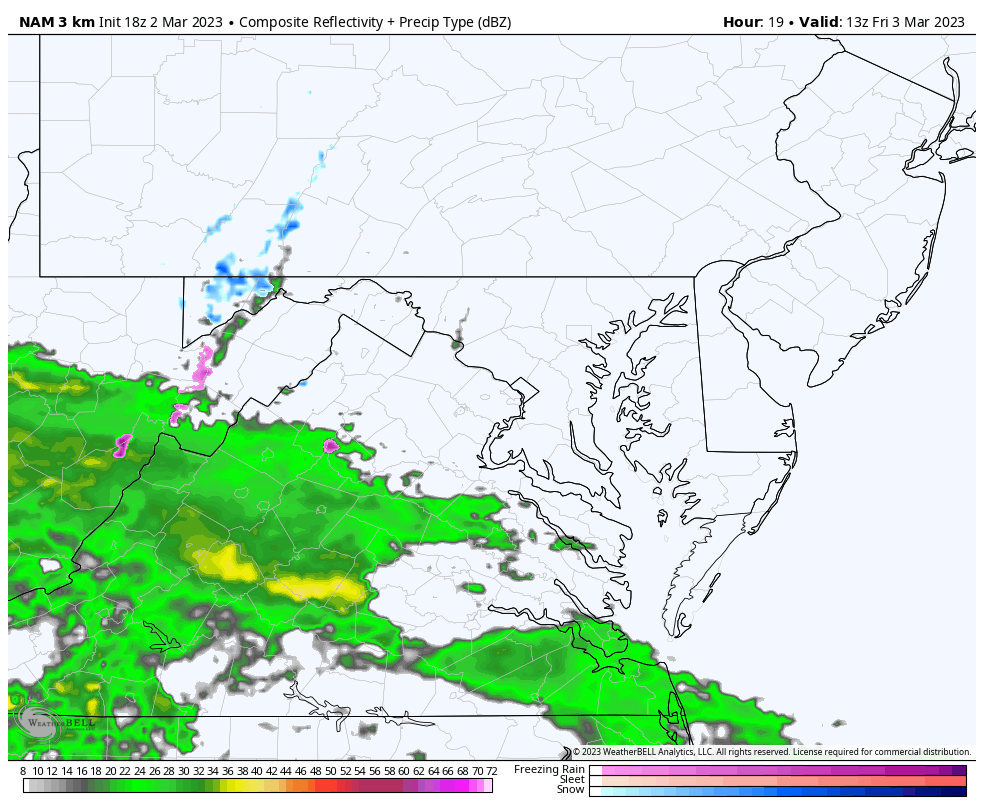 March 3 radar simulation snow rain Friday