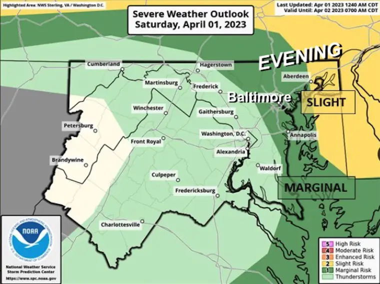 April 1 weather severe storm risk NOAA Saturday