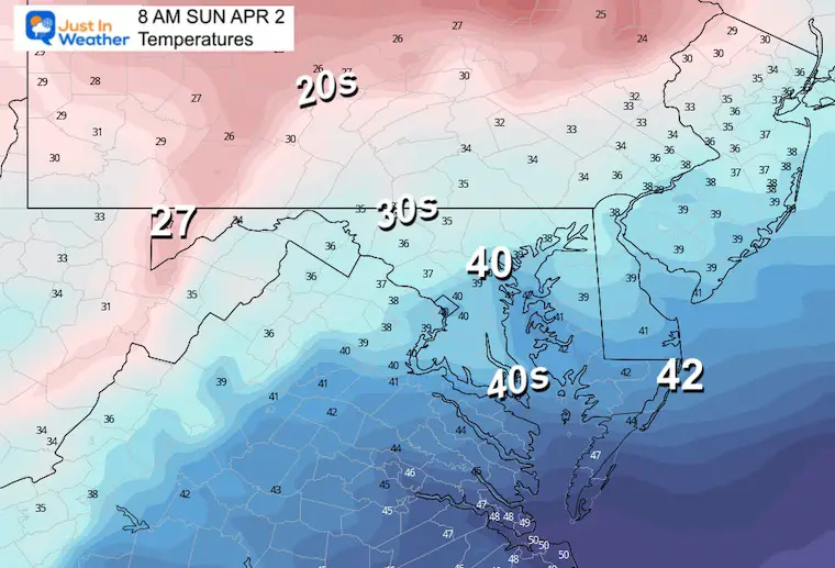 April 1 weather temperatures Sunday morning