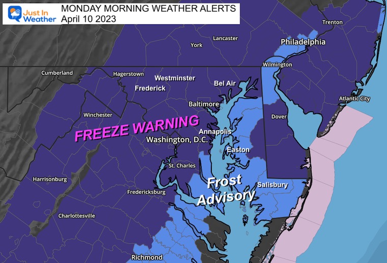 April 10 weather warning freeze frost Monday