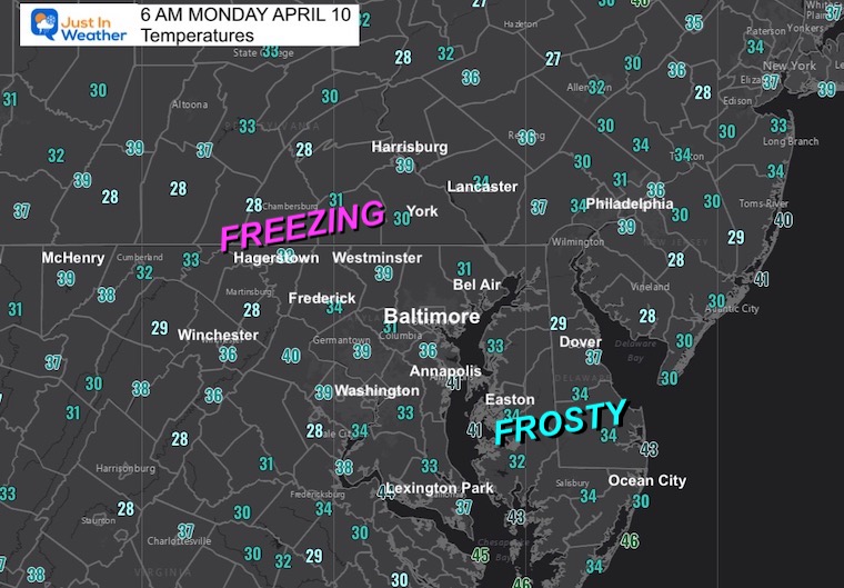 april 10 weather temperatures monday morning