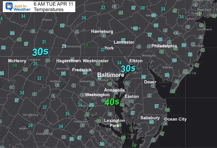April 11 weather temperatures Tuesday morning