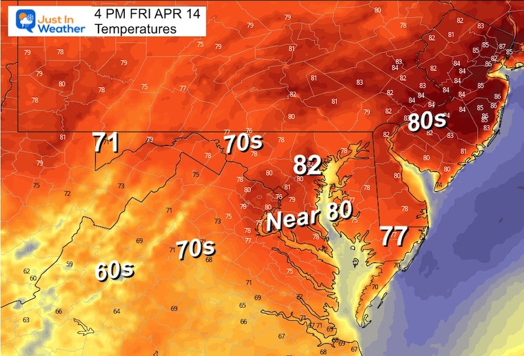 April 13 weather temperatures Friday afternoon