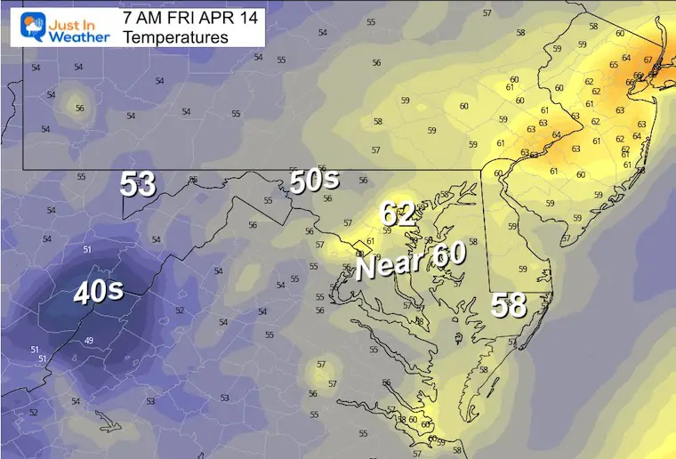 April 13 weather temperatures Friday morning