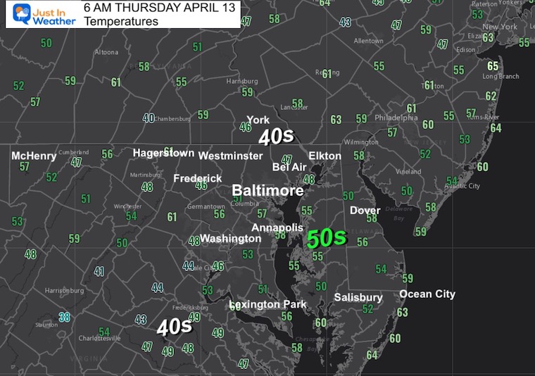 april 13 weather temperatures Thursday morning