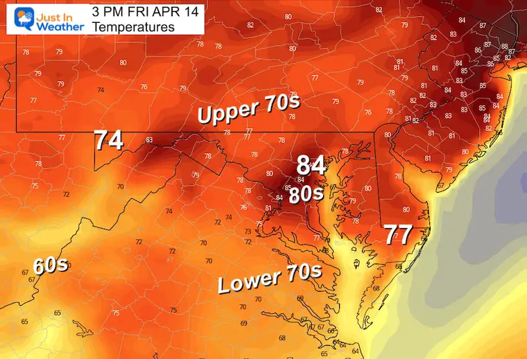 April 14 weather temperatures Friday afternoon
