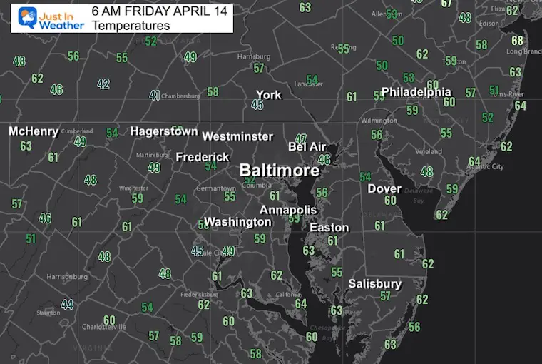 April 14 weather temperatures Friday morning