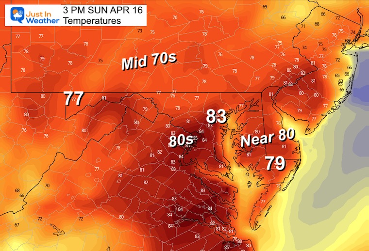 April 15 weather temperatures Sunday afternoon