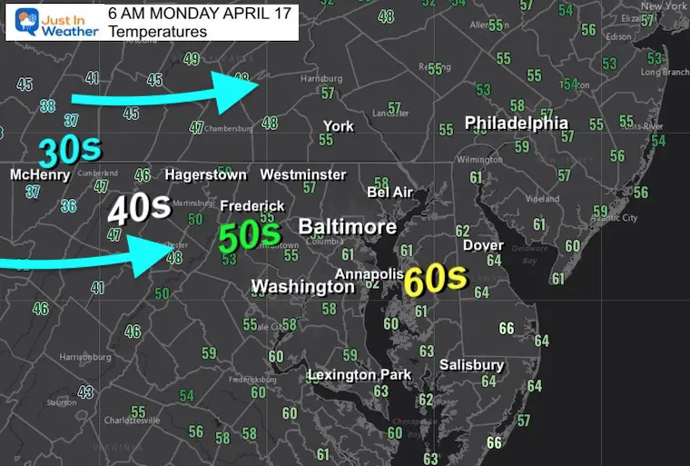April 17 weather temperatures Monday morning