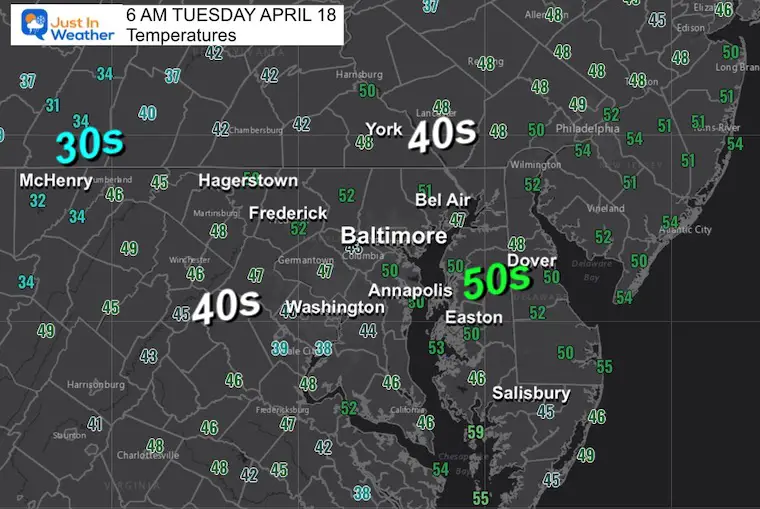 april 18 weather temperatures Tuesday morning