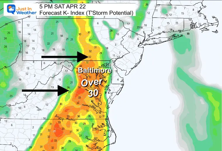 April 20 storm forecast k index Saturday pm 5